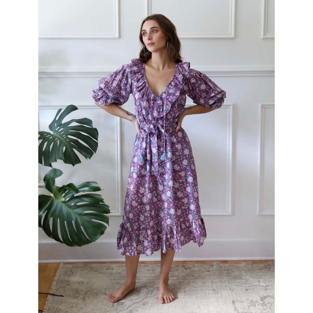 Mille June MidiโDress Purple Rose Floral Block Print Ruffle Cotton Medium Boho